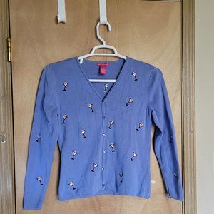 Alexandra Bartlett M Sweater Cardigan Blue Long Sleeve Cocktails Cosmopolitan